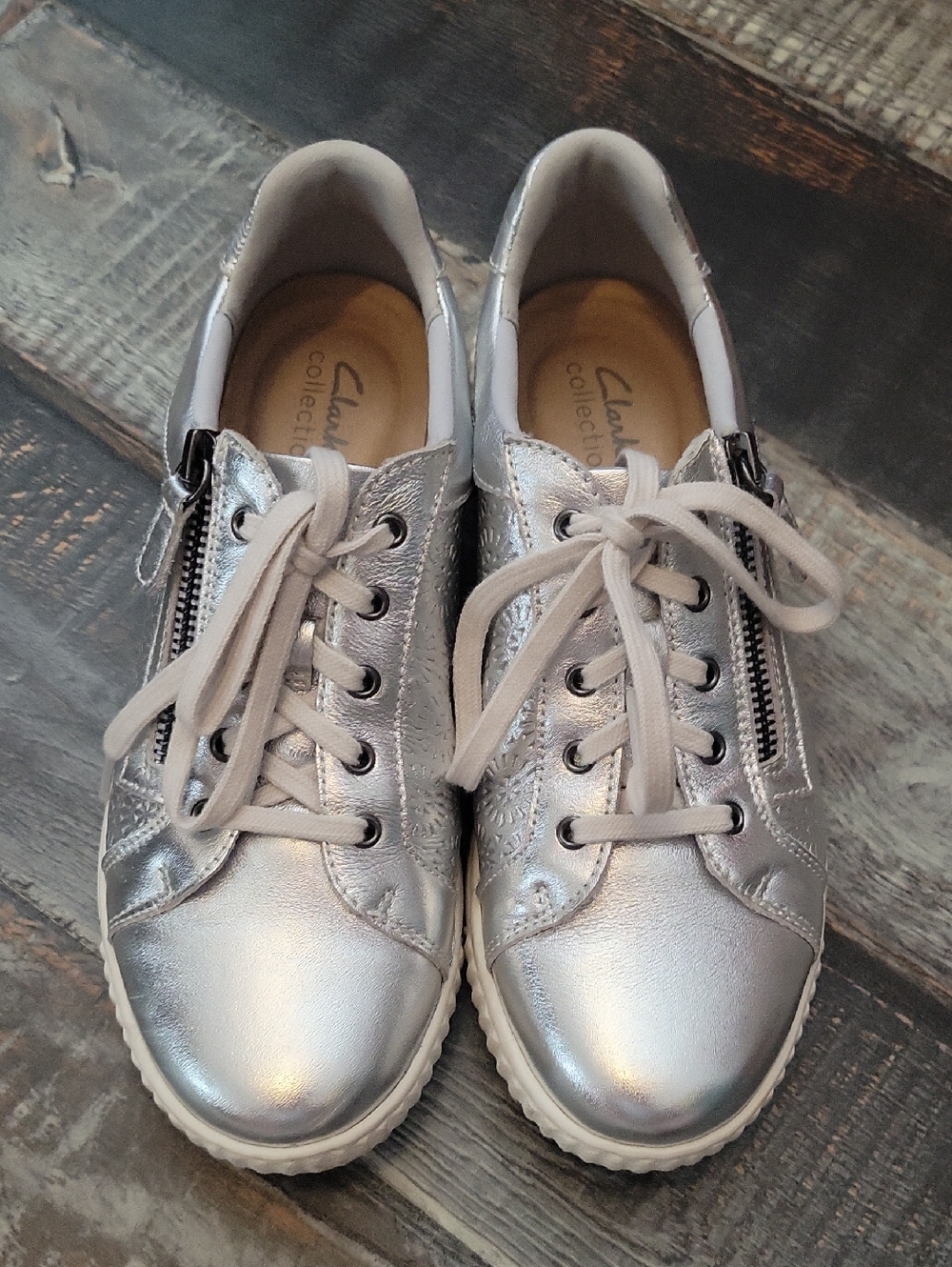 Clarks Metallic Silver Lace-Up Sneakers with Side Zip